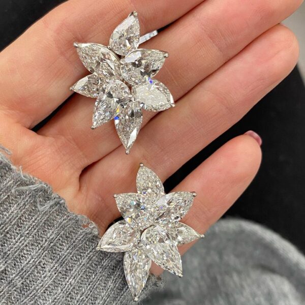 14 Stone White Diamond Cluster Earrings in 18K White Gold