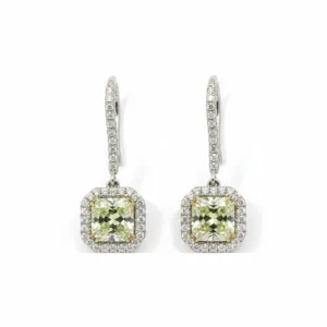 2.31 Carat Light Yellow Green Diamond Halo Drop Earrings