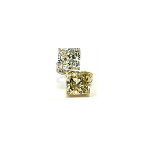 2 Stone Fancy Brownish Yellow & White Radiant Diamond Ring