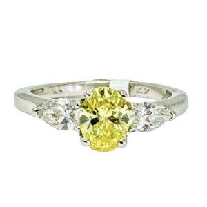 14K Ring 3 Stone Fancy Yellow Oval Diamond Ring