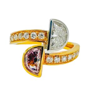 18K 2 Stone Fancy Brown Purple Pink Half Moon Diamond Ring