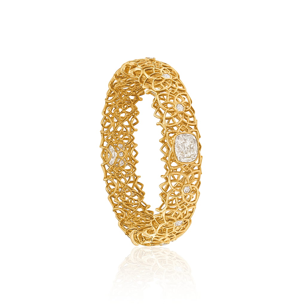 18K Old Mine & Hexagon Diamond Bangle Bracelet