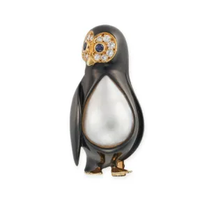 Fred Diamond Sapphire Pearl Penguin Brooch Pin