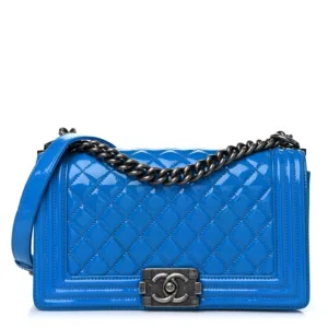 CHANEL Patent Calfskin Quilted Medium Boy Flap Blue