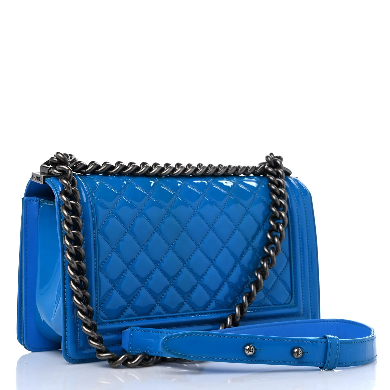 CHANEL Patent Calfskin Quilted Medium Boy Flap Blue