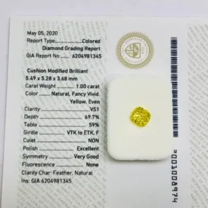 1 Carat Cushion Brilliant Fancy Vivid Yellow VS1 Natural Diamond
