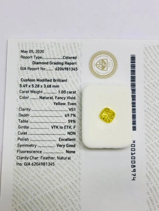1 Carat Cushion Brilliant Fancy Vivid Yellow VS1 Natural Diamond 1 1 Carat Cushion Brilliant Fancy Vivid Yellow VS1 Natural Diamond