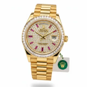 -Rolex 228348RBR Yellow Gold Day Date Pave DialRuby Indices with Baguette BezelMarkers 2017 Complete with white tag $95k