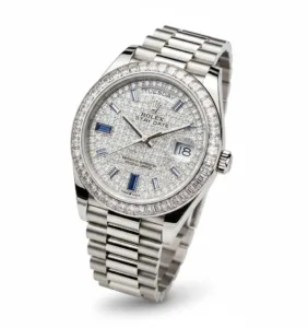 Rolex 228396TBR Pave Dial Day-Date Sapphire 69 Markers Baguette Bezel Pre Owned Full Set Complete 2023 $137.5