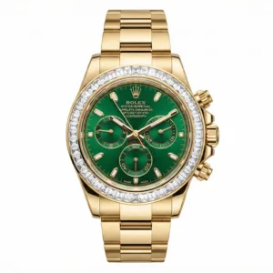 Rolex Cosmograph Daytona 116568BR Yellow Gold Green Dial Baguette Diamond Bezel Full Set (2020)
