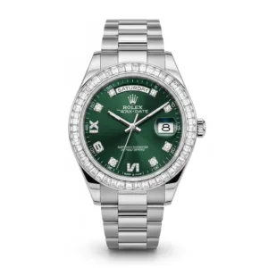 Rolex Day-Date 40 228396TBR Platinum Green Arabic Dial Baguette Diamond Bezel Full Set (2023)